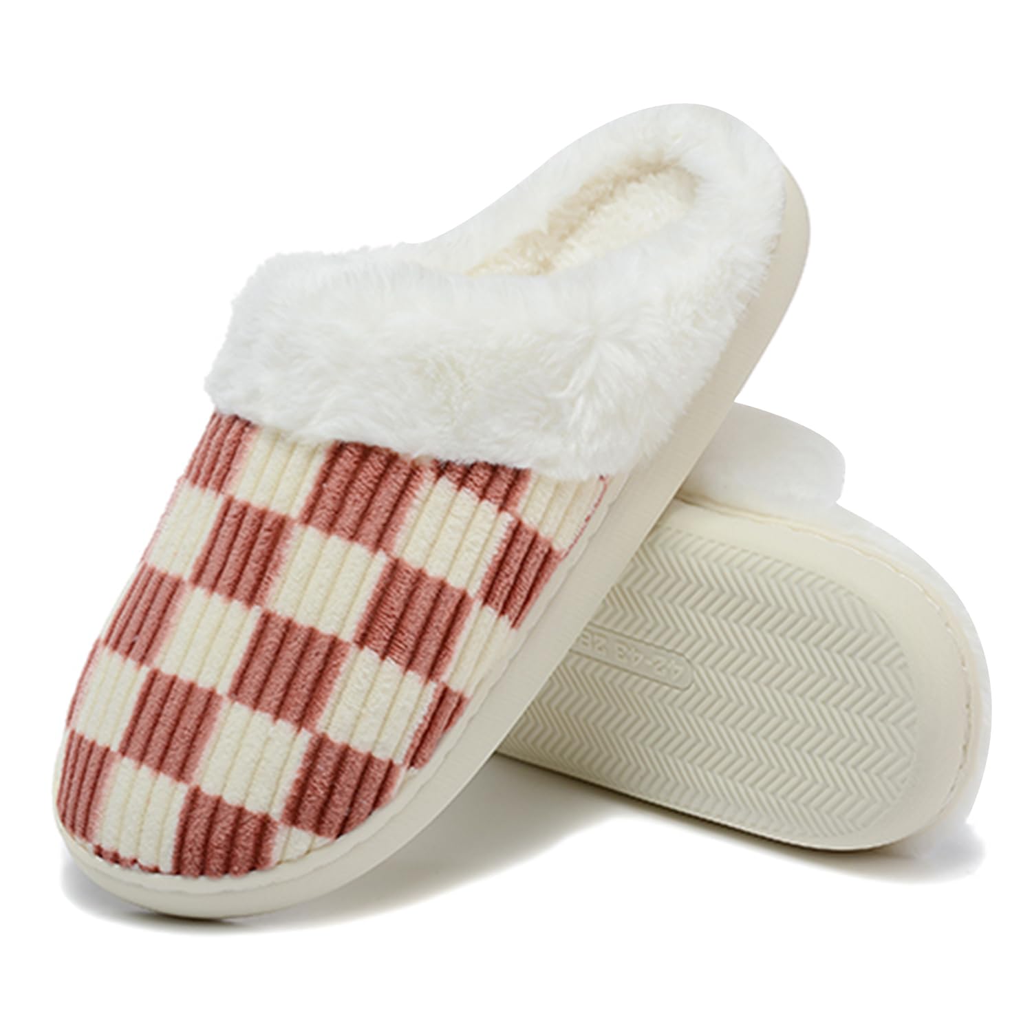 Women House Fuzzy Slippers - Plaid Scuff Checkered Slip-on Memory Foam Indoor Outdoor Comfortable Soft Slides