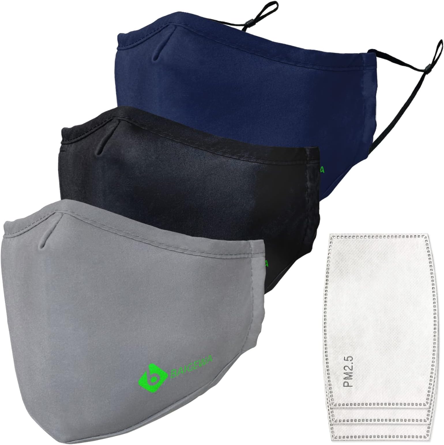 BAIGEWA3 Packs Cloth Face Mask Reusable with PM 2.5 Filters, Washable Breathable Face Mask, Face Mask for Women and Men