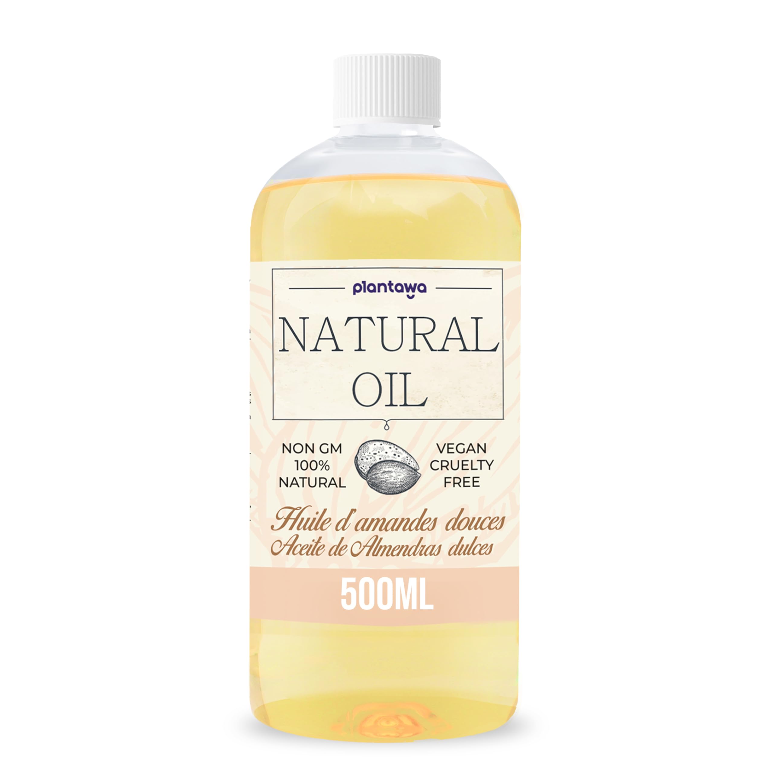 Plantawa Aceite Almendras Dulces 500 ml | Aceite Corporal 100% Puro y Natural Ideal para Embarazo y Estrias | Aceite Masajes con Máxima Absorción, Hidrata Cuerpo, Piel, Cabello y Aporta Vitamina E