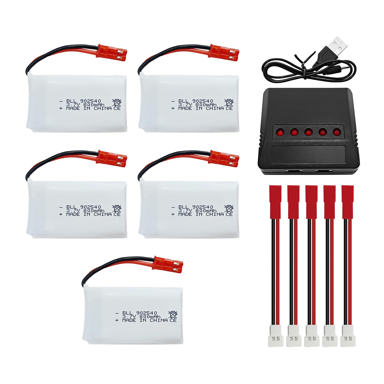 Fytoo 5PCS 3.7V 800mAh Lipo Battery with 5-in-1 Charger JST Plug for SYMA X56W MJX X400W X300C X800 HS110 HS200 S670 V950hd S1750 V2450 RC Quadcopter Battery