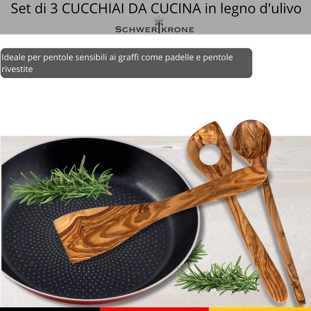 SCHWERTKRONE Set di cucchiai in legno d'oliva italiano, cucchiaio da cucina in legno, cucchiaio da cucina in legno di ulivo