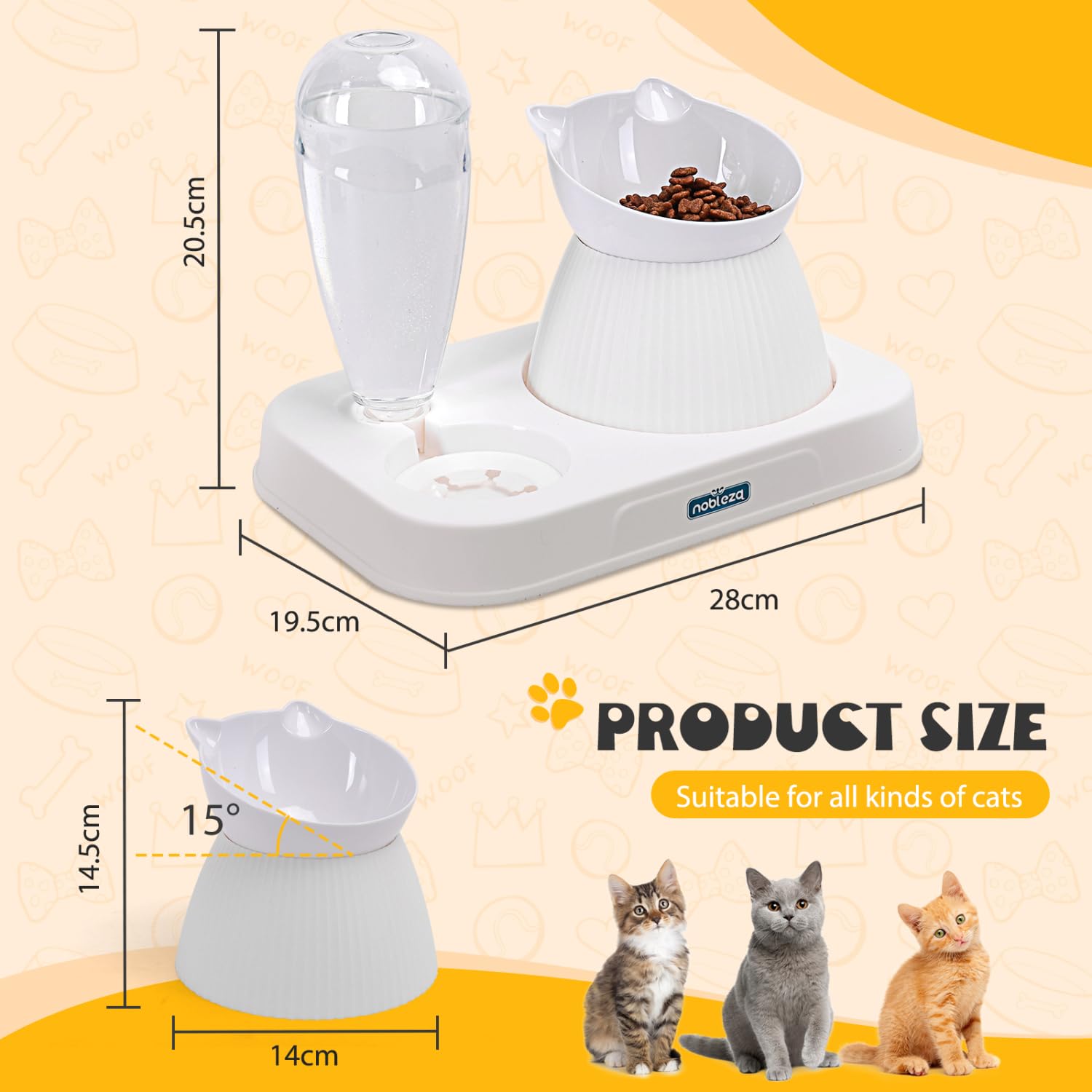 Nobleza Ciotole per Gatti Rialzate, Set 2 in 1 con Dispensatore Automatico Acqua e Feeder Lento, Inclinazione 15°, Bianco