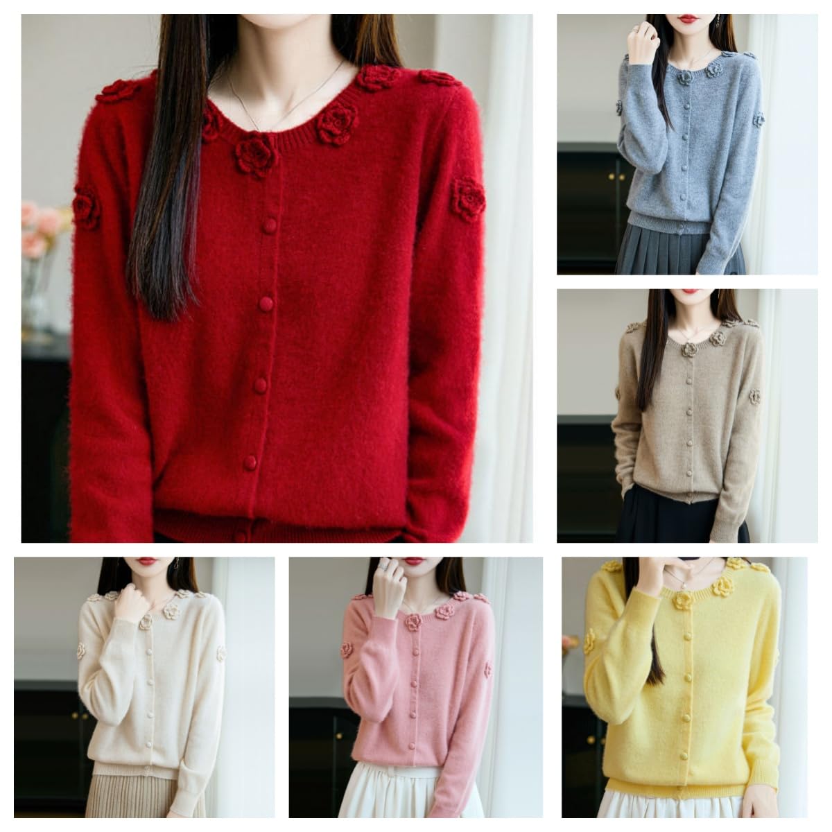 Chaqueta De Punto Mujer Cárdigans De Cachemir para Mujer Cárdigan De Manga Larga con Botones Y Estampado De Rosas Jersey De Cachemir De Cuello Redondo Suéteres De Lana De Punto Suave S