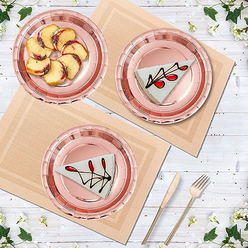Image of Rose Gold Disposable Paper Plates, 7'' Dessert Cake Plates, 50 Count Bulk