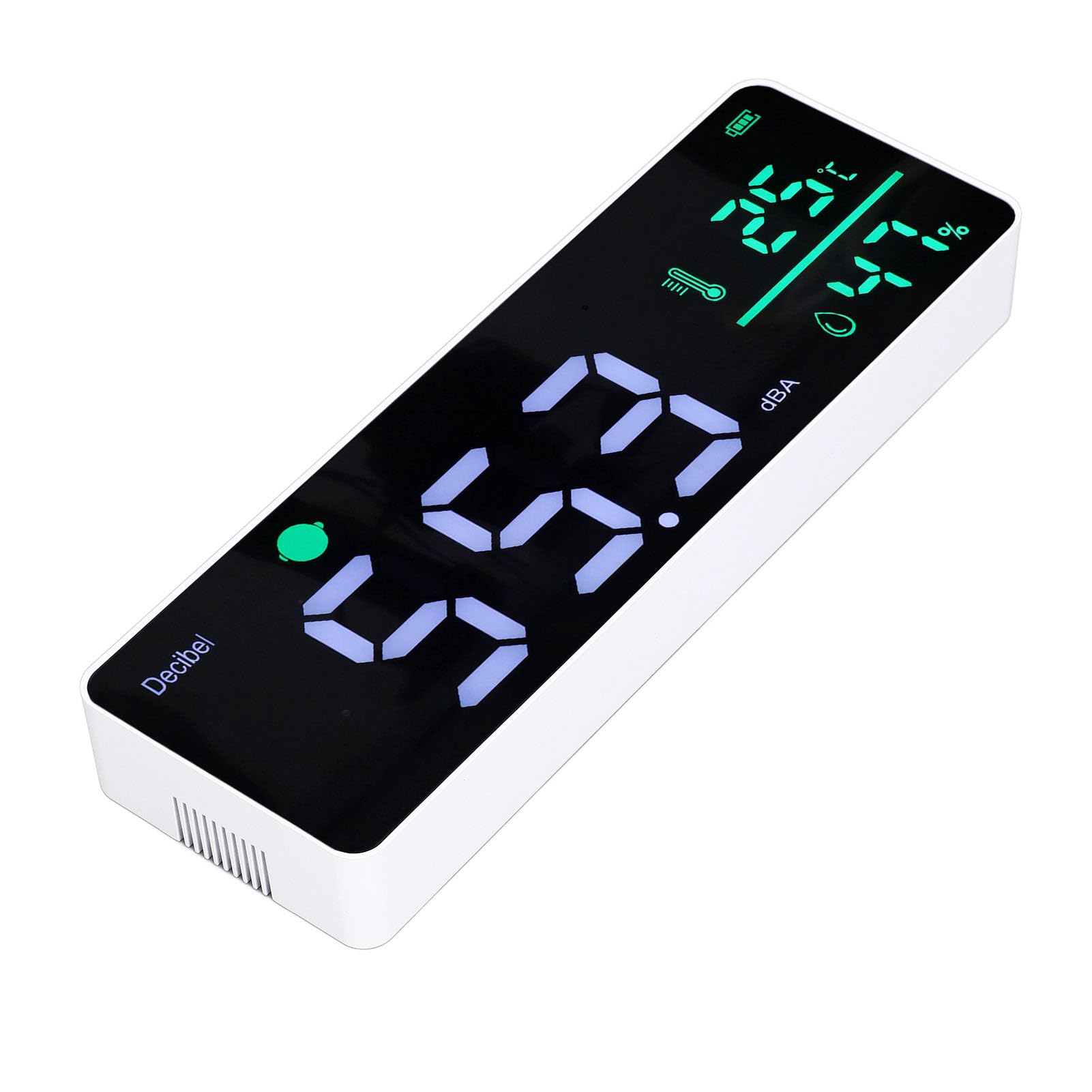 DM1306D Miernik Decybeli 3 w 1, Miernik Poziomu Dźwięku 30-130 DBA, Montowany na ścianie Monitor Poziomu Hałasu LED z Higrometrem i Termometrem, Bateria w Zestawie