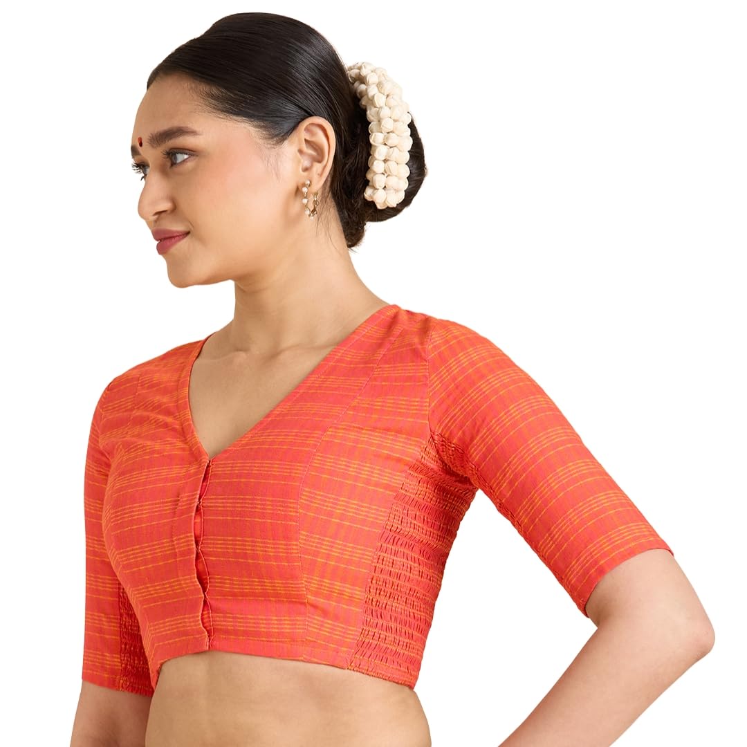 Studio Shringaar Women Cotton Half Sleeve Madras Checks Saree Blouse with Stretchable Sides Price In India
