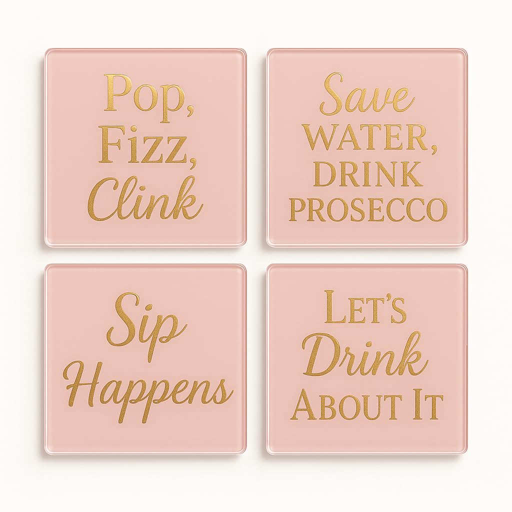 The Plum Penguin Girls Bubbly Bliss Set Acrylic Coaster Gift Set Of 4 With Elegant Gold Foil Typography - Bubbly Bliss ' Night Drinkware For Fun-Loving Besties