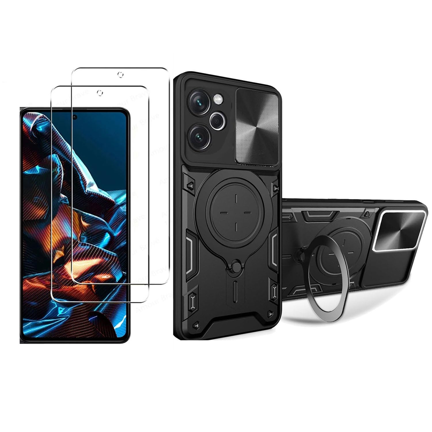 PUCHEN [1+2pcs] Compatible for Xiaomi Poco X5 Pro 5G Case & Screen Protector,Invisible Rotate Ring Stand Case with Screen Protective Camera Cover (Black)