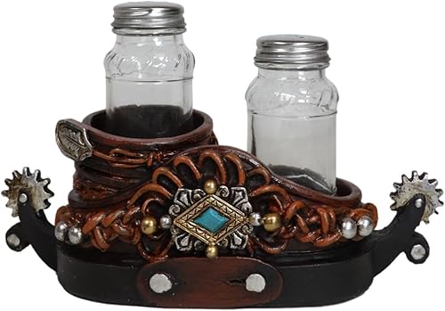 Ebros Gift Juego de salero y pimentero rústico de vaquero occidental con acabado de piel sintética y conchos turquesas, juego de salero y pimienta