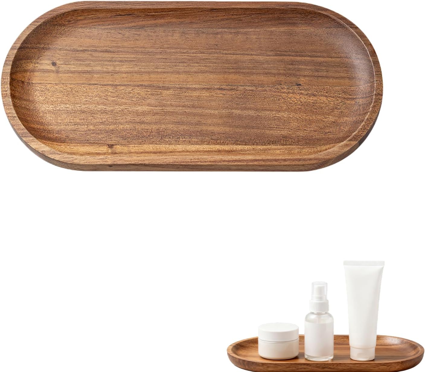 Small Wooden Tray, Oval Wood Serving Trays, Acacia Wood Platter for Coffee Tables, Dessert, Snack, Fruit, Bathroom Tray Charcuterie Board for Home Decor (M)