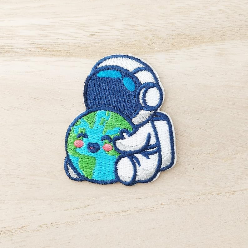Daily Crafts Embroidery Work Iron On Sew On Patches for Do It Yourself Jacket Denim Decoration| Litle Astronaut Hugging Smiling Earth