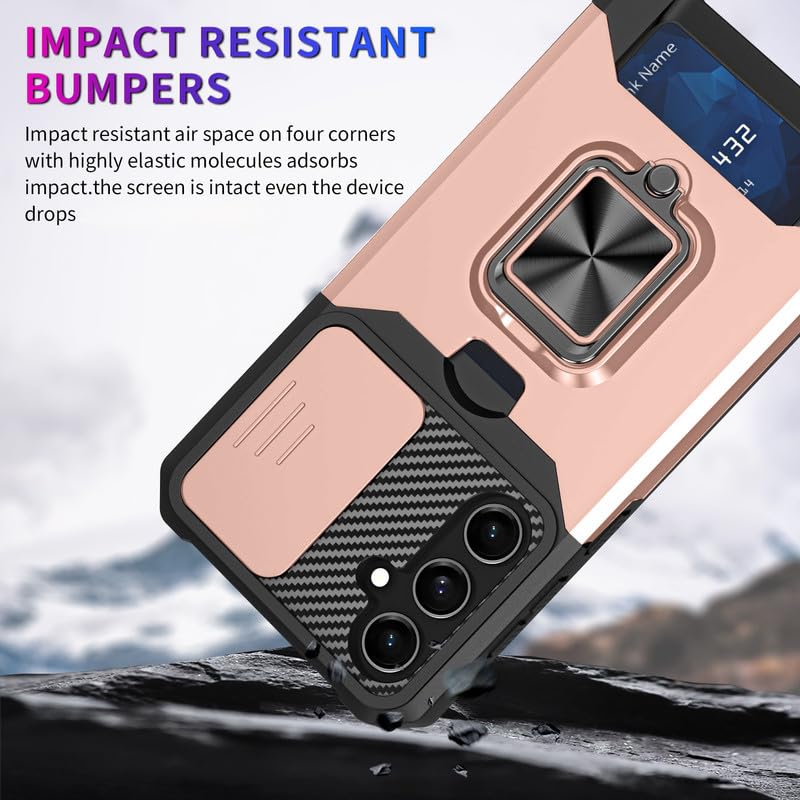 Image of LuxuryKase Shockproof Armor Case for Samsung Galaxy S25 Plus | Slide Camera Cover | Hidden Card Slot | Rotating Ring Kickstand | Magnetic Car Mount Support | Military Grade Protection - Rose Gold