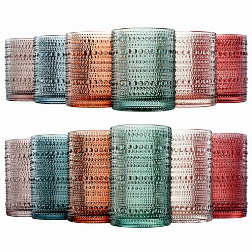 Image of Khen Hobnail Beaded Highball Drinking Tumbler Glasses | Set of 12 | Color, Vintage Bubble Design Whiskey Glassware, Old-Fashioned, Embossed Design for Water, Wine, Cocktail Embossed, Rocks Glass