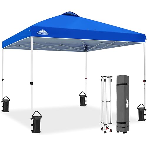 EAGLE PEAK Pop Up Canopy Tent with Wheeled Carry Bag, 8 Stakes, 4 Ropes, 4 Weight Bags, Easy Set Up Tent Canopy, 10x10 ft, 100sqft of Shade, Blue