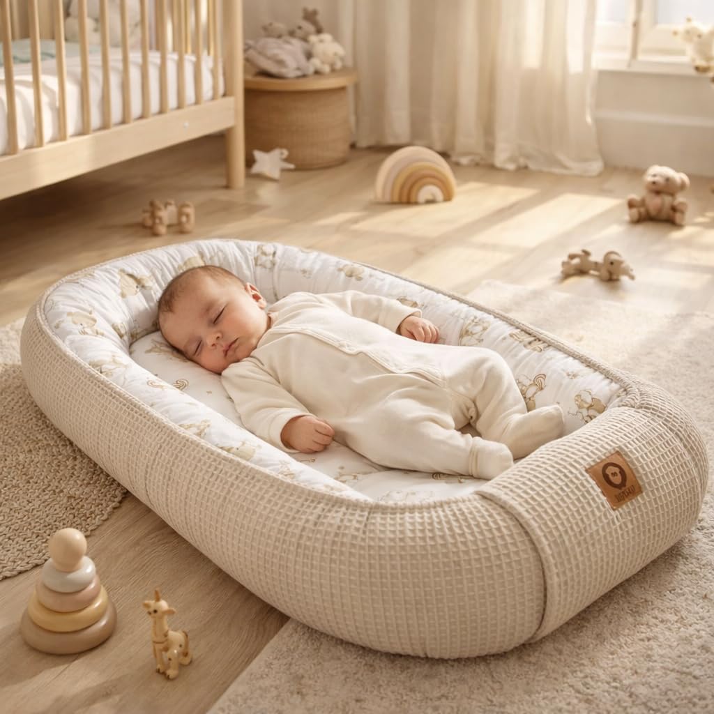 Babynest Nestchen Baby Set für Neugeborene – 5-teilig – Kuschelnest aus 100% Baumwolle & Waffelpique – Babykokon tragbar – für Babybett, Kinderbett & Kinderwagen – OEKO-TEX - Teddy und Sand