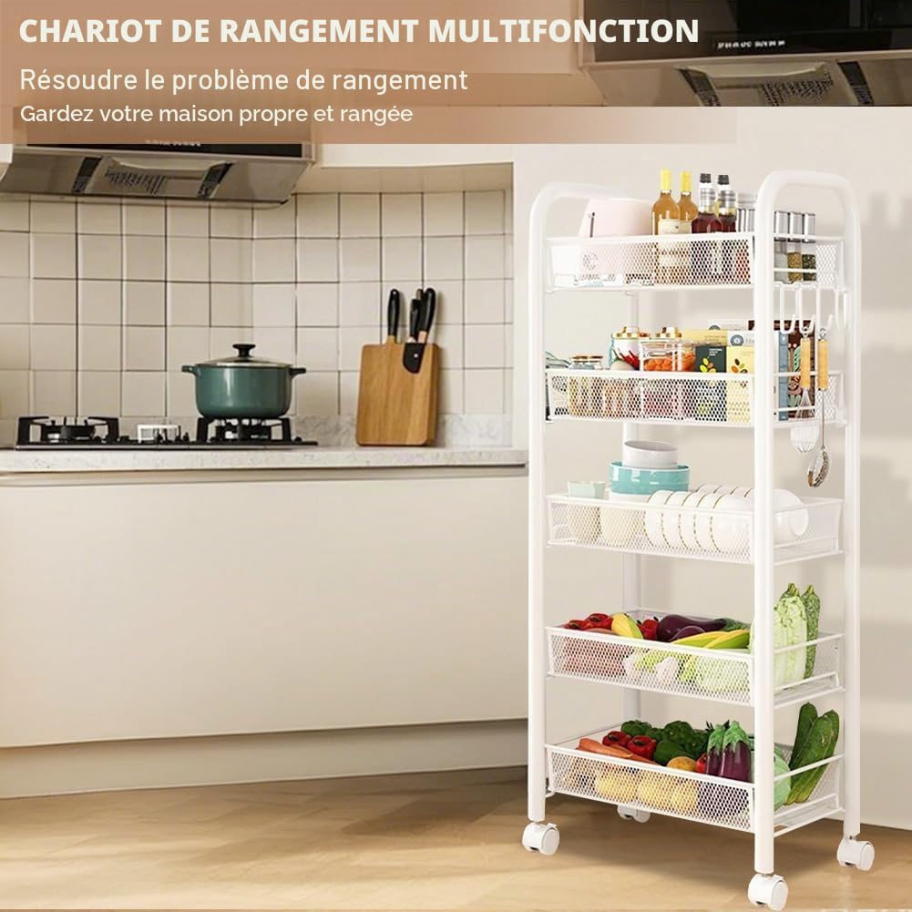 Desserte Roulante 5 Niveaux, 44 x 26 x 102 cm, étagère à Légumes, Chariot de Rangement étroit en Métal sur roulettes avec 4 Crochets, Chariot pour Fruits et Boissons, Panier en Maille Blanc