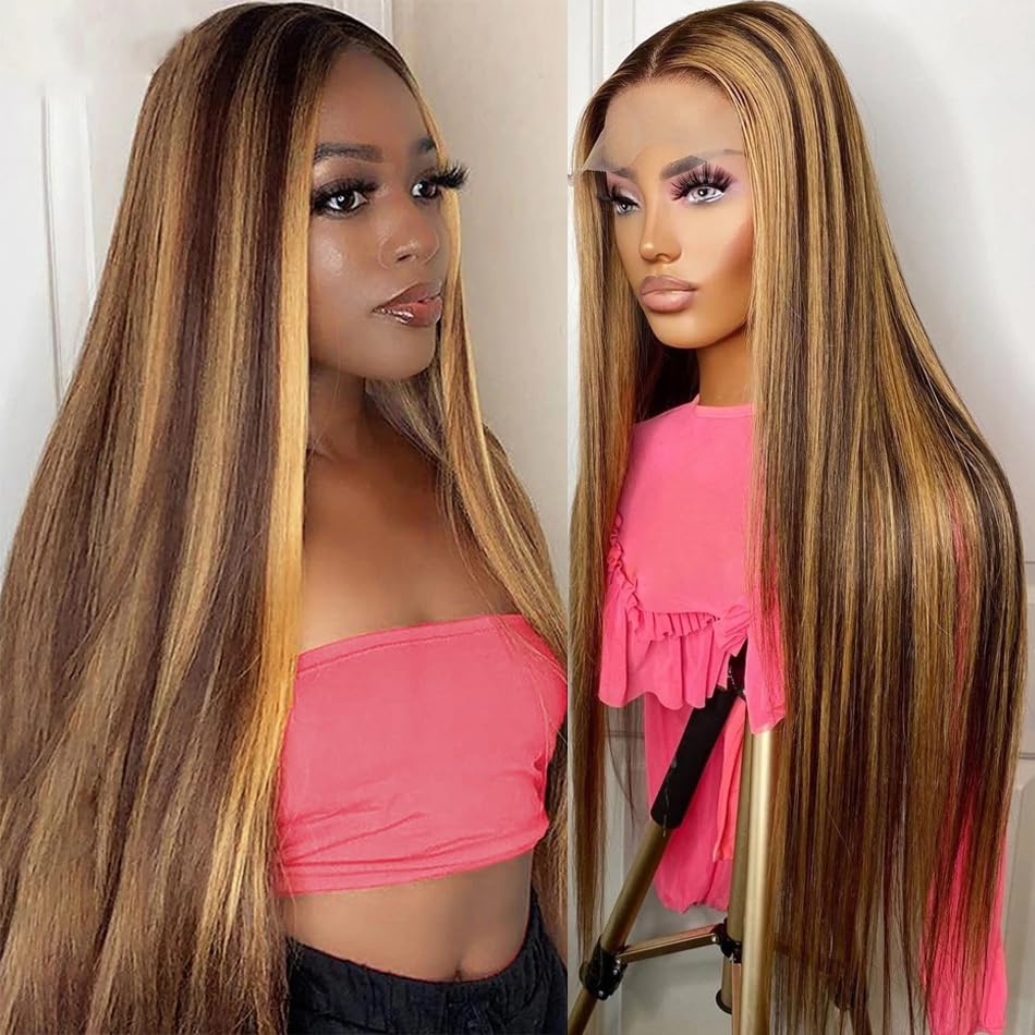 Alidiamond Straight Highlight Lace Front Wig Human Hair 20inch 4/27 Ombre Wig Human Hair Silky Straight Pre-plucked, 13x4 Honey Blonde Highlight