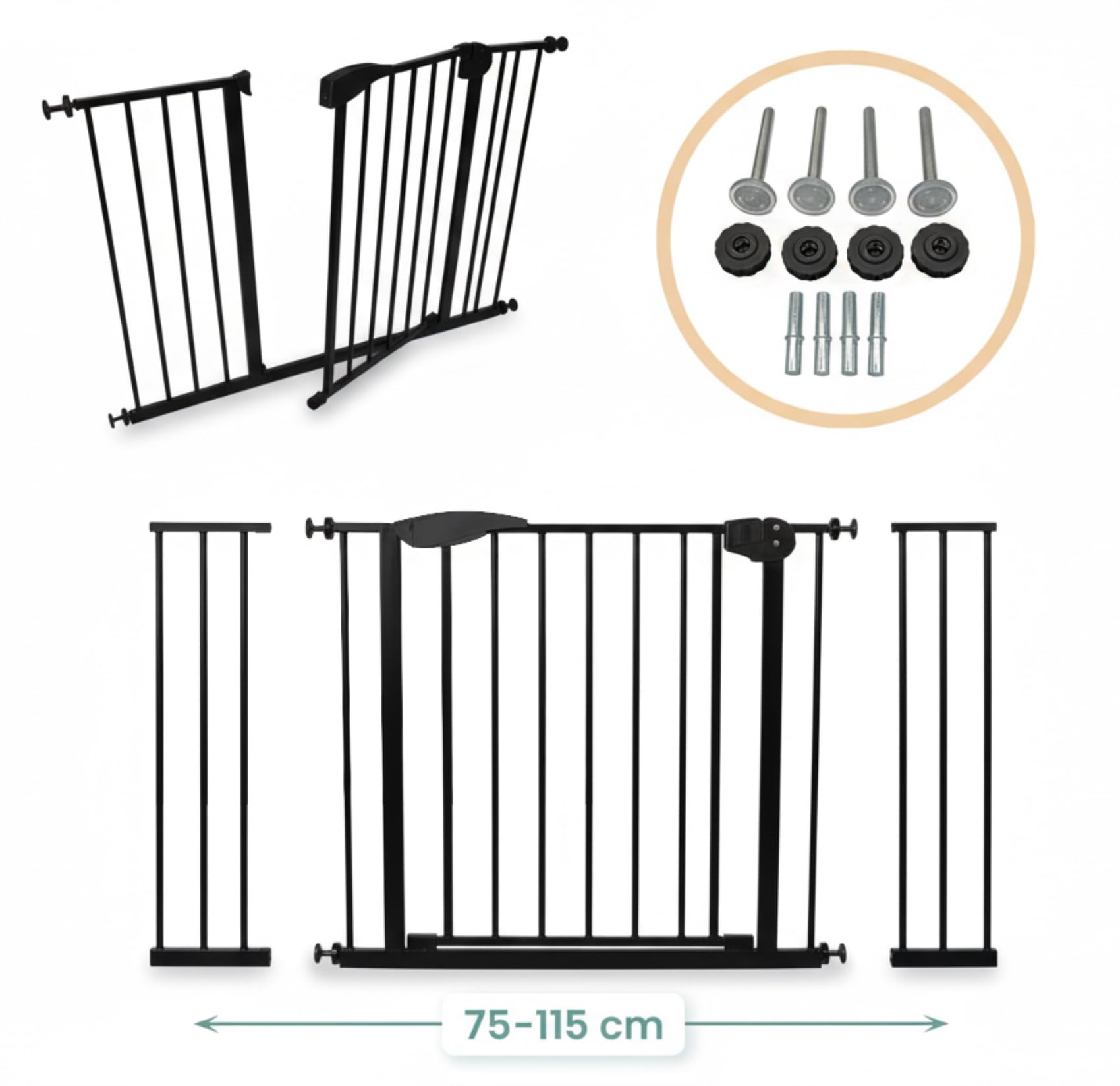 Blocco di sicurezza per scale e porte, larghezza regolabile 75-115 cm, apertura con una sola mano, apertura bidirezionale, 4 punti di fissaggio, doppio blocco, nero