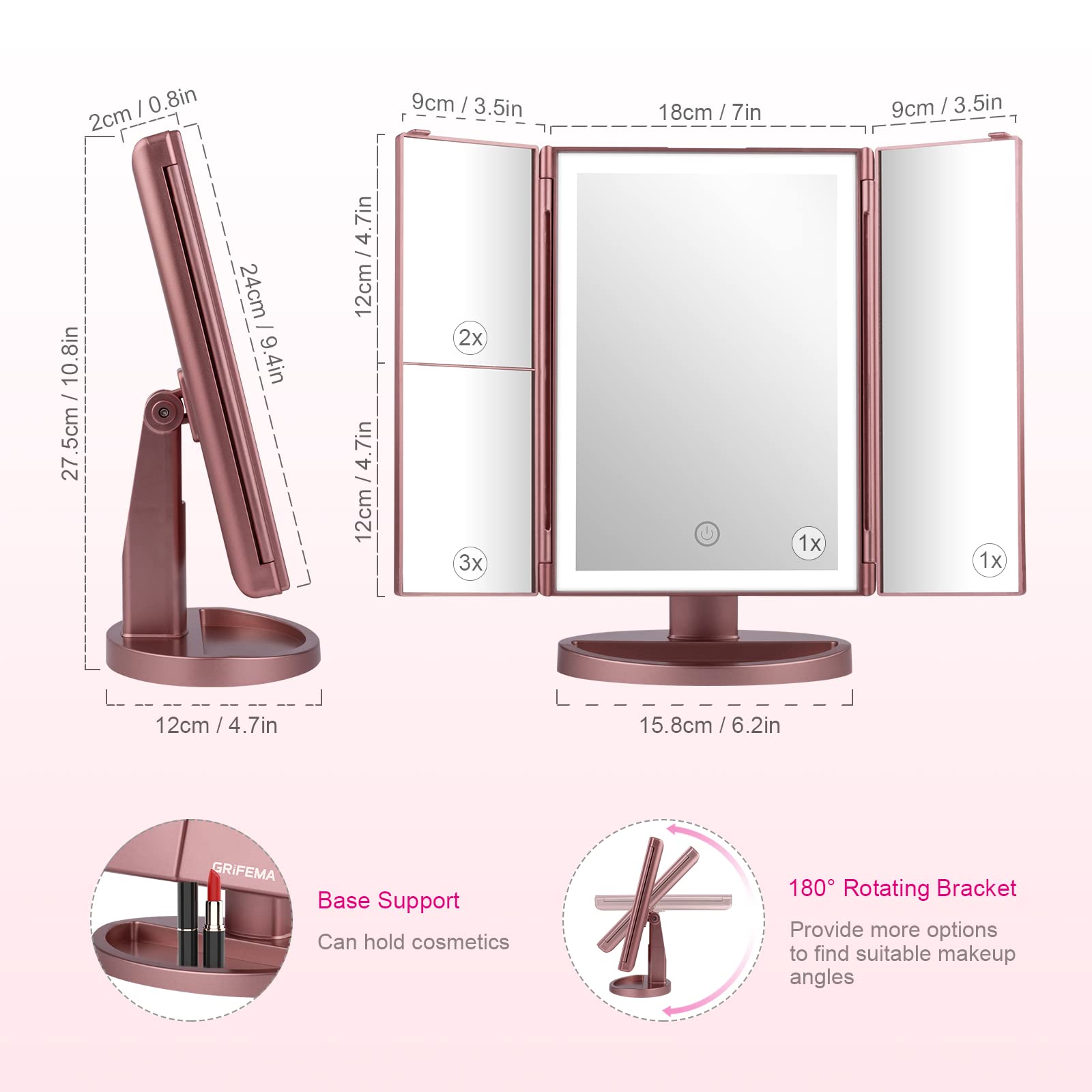 Specchio Per Trucco Con Luce LED - 3 Pannelli, Ingrandimento 3X/2X/1X - Foto 6