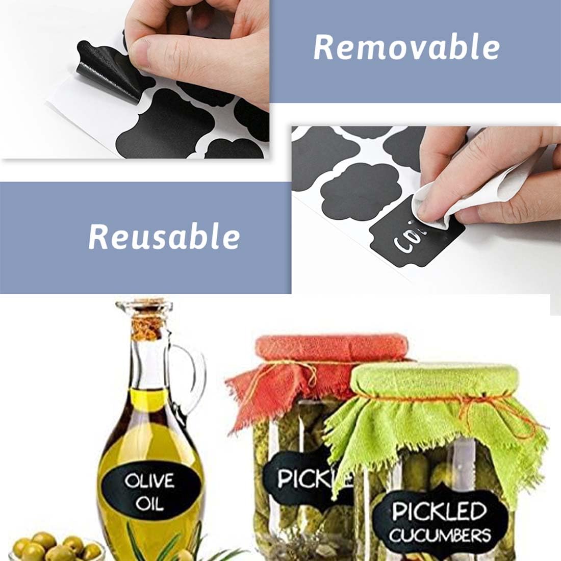 120 Piezas Etiqueta Tarros, Reutilizable Etiqueta Negro, Impermeable Etiquetas para Tarros, Con 1 bolígrafo blanco, Etiquetas autoadhesivas Tarros para Botellas, Tazas, Tarros de Especias