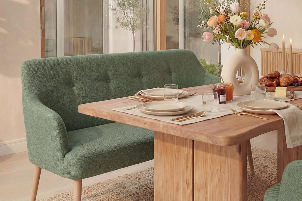 Riess Ambiente Nordische Sitzbank Scandinavia MEISTERSTÜCK - 115cm - Salbei Natur - Polsterbank aus Massivholz mit Armlehne