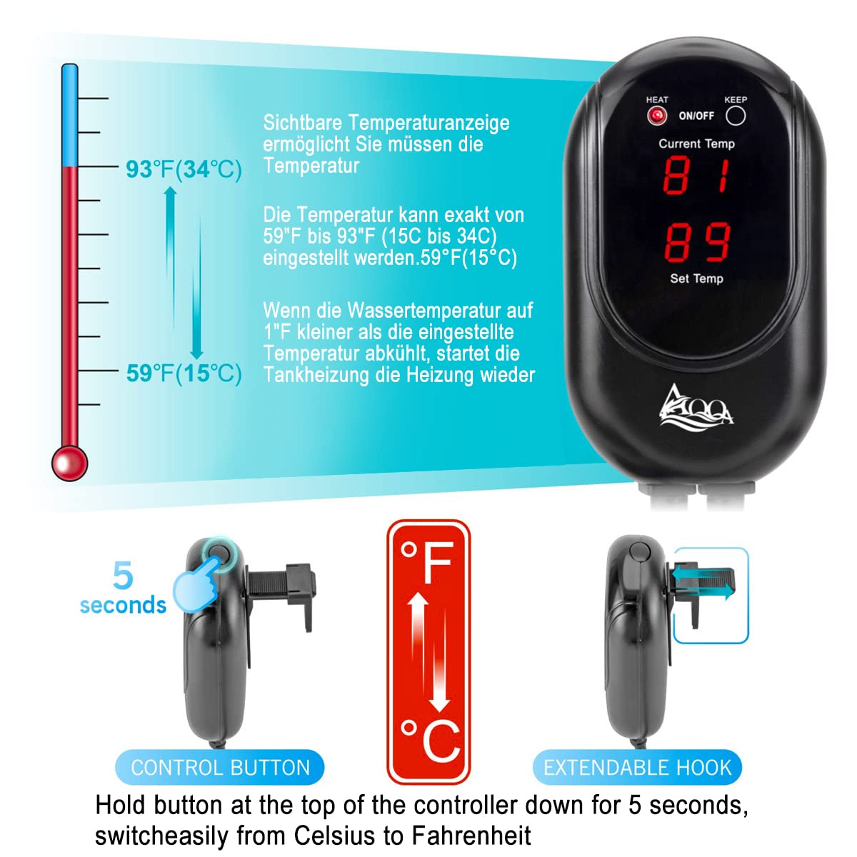 Riscaldatore Acquario 100W Sommergibile - Termostato Regolabile Per Pesci, Per Vasche 50L-120L - Foto 13