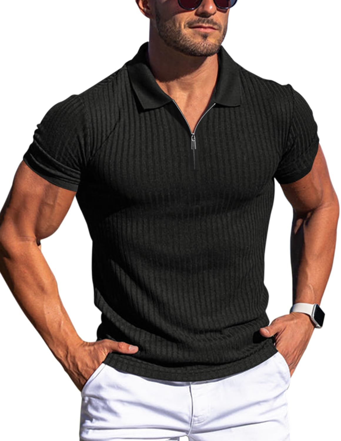 Gnvviwl Zipper Muscle Polo Shirts for Men Slim Fit Short Sleeve Cotton Ribbed Knit Golf Shirt