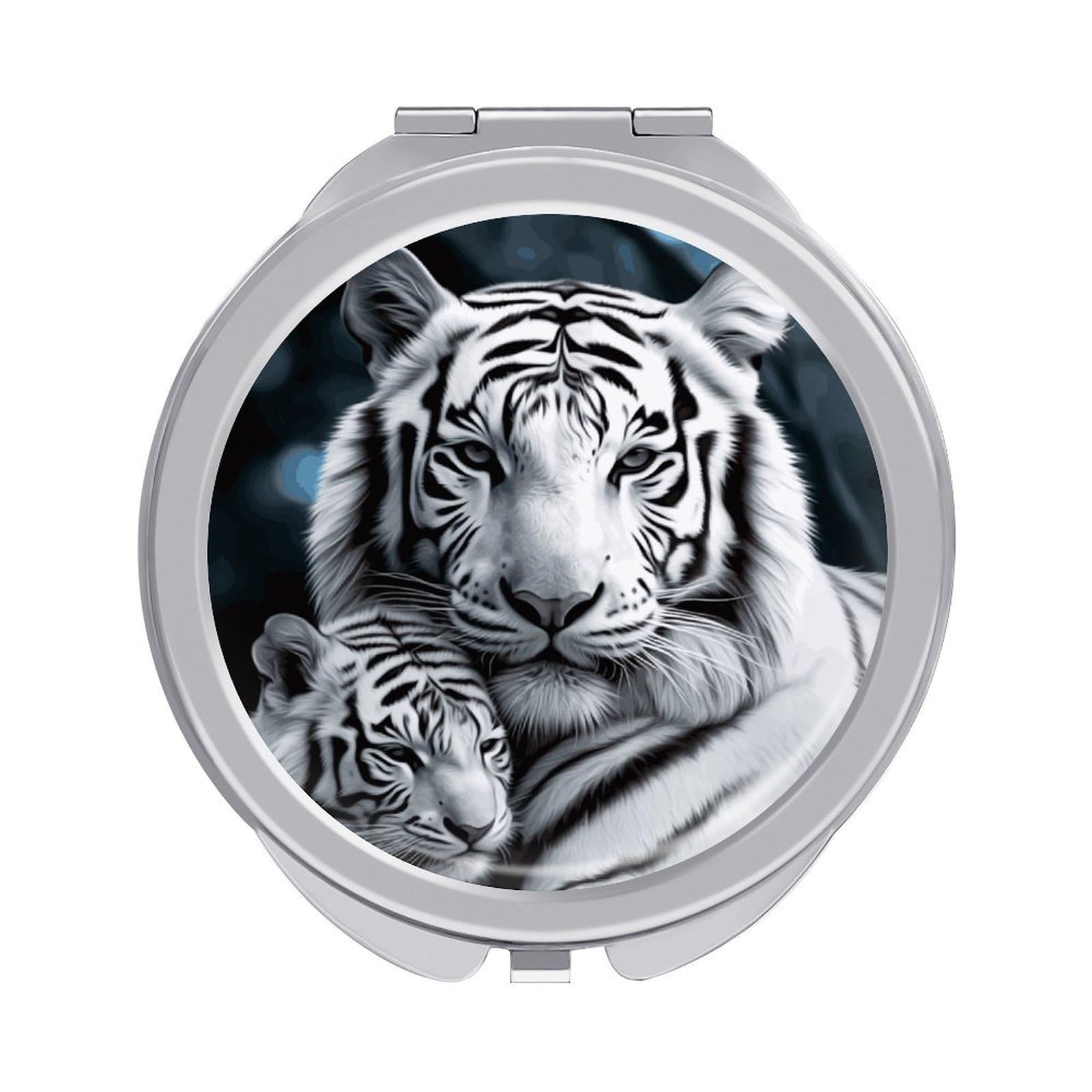 VstaDank White Tiger Compact Mirror for Purses Round Fashion Travel Makeup Mirror 2X /1x Magnifying Double Sides Mini Mirrors Portable Pocket Mirrors for Handbag Purse Women Gift