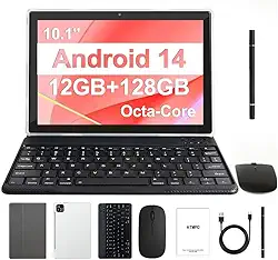 Tablet, 10 polegadas Android 14 tablets 12 GB (4 + 8 expansão) RAM 128 GB ROM, 1 TB expansível, tablet octa-core com teclado, mouse, Stylus, 1280 * 800 IPS, bateria de 6000 mAh, WiFi 6, BT 5.4
