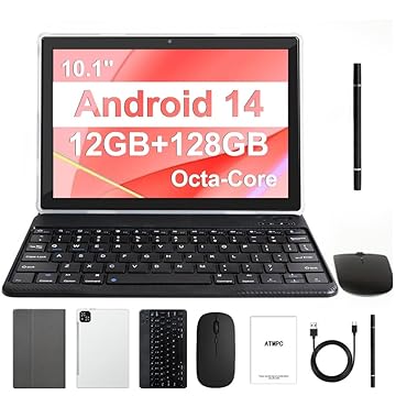 ATMPC Tablet, 10 polegadas Android 14 tablets 12 GB (4 + 8 expansão) RAM 128 GB ROM, 1 TB expansível, tablet octa-core com teclado, mouse, Stylus, 1280 * 800 IPS, bateria de 6000 mAh, WiFi 6, BT 5.4