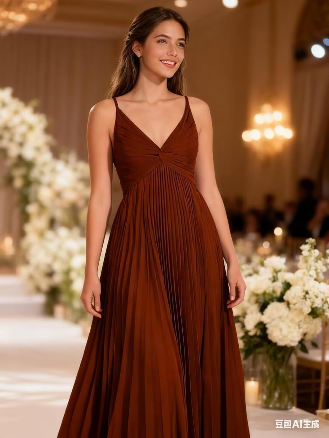 V-Neck Pleated Bridesmaid Dresses for Women Chiffon Spaghetti Straps Pleates Long Formal Wedding Guest Dress - Image 3