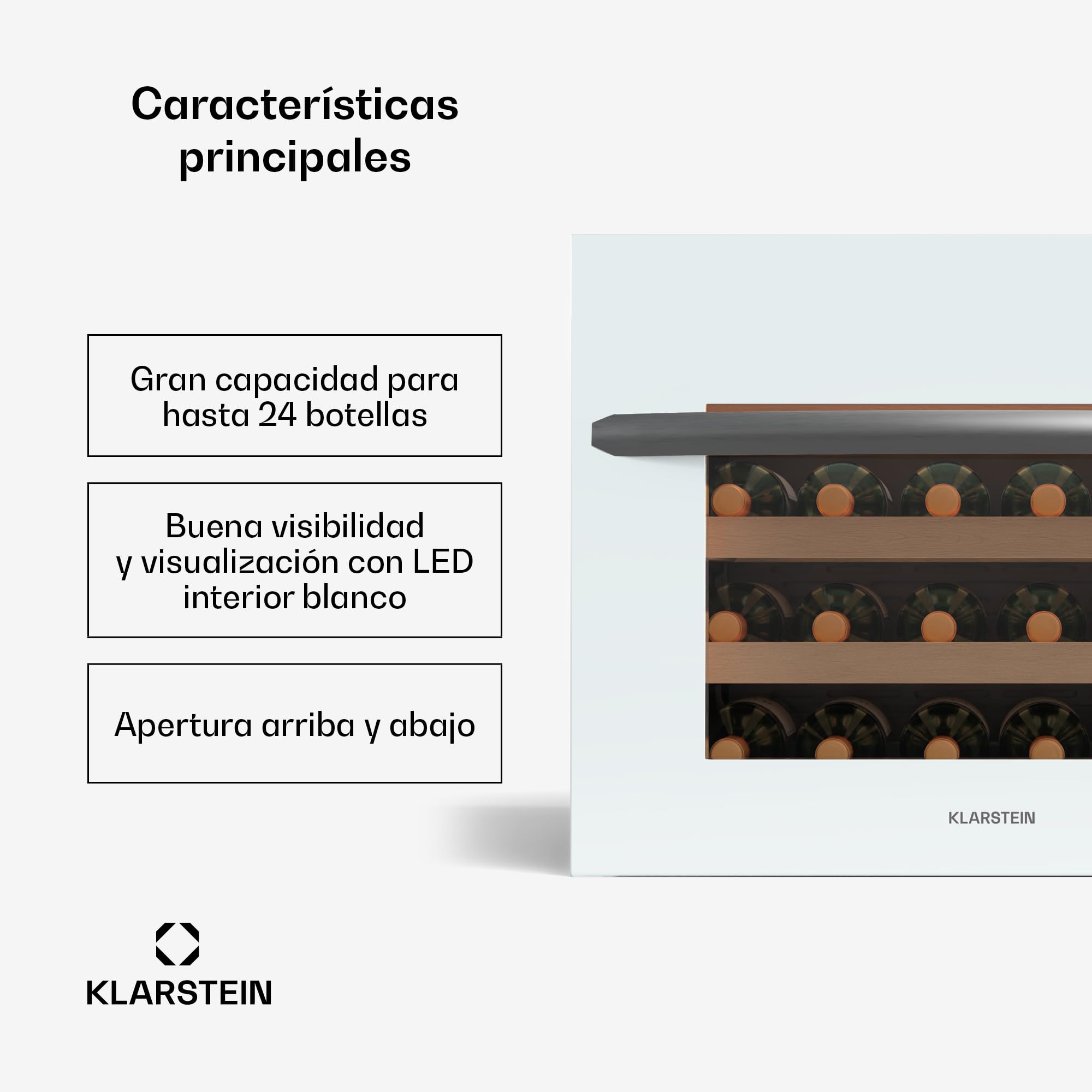 Klarstein Vinsider 24 Uno Vinoteca Integrable - 24 Botellas, 1 Zona, 5-20°C, LED, Protección UV, Silenciosa, Nevera para Vinos, Estantes de Madera, Puerta de Cristal Blanca