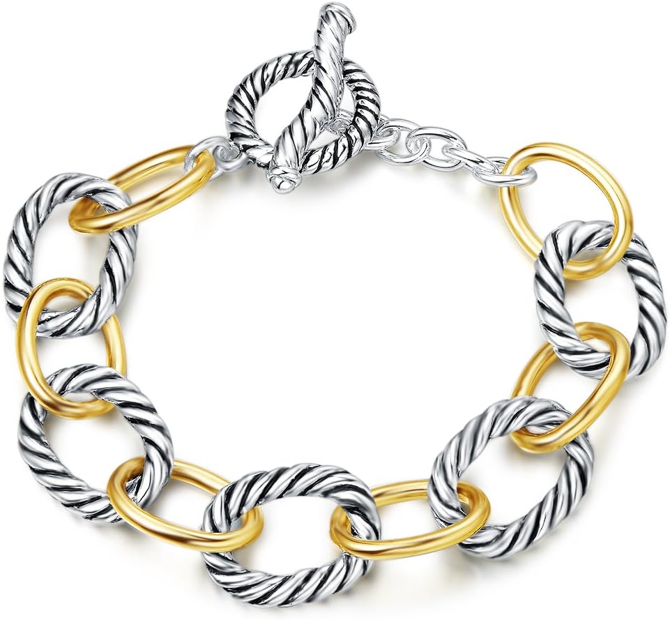 Twisted Cable Wire Link Chain Bracelet Two Tone Designer Brand Inspired Women Jewelry Valentine (2 Tone)