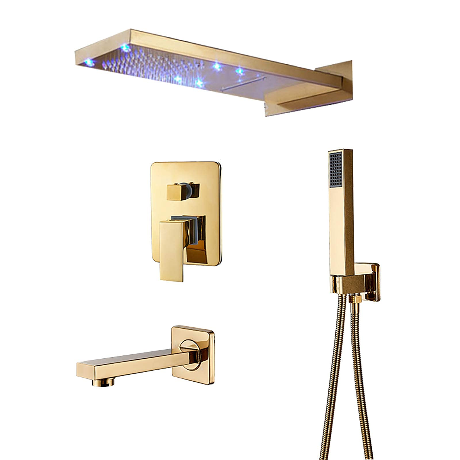 Système de douche à effet pluie en laiton doré avec éclairage LED mural luxueux