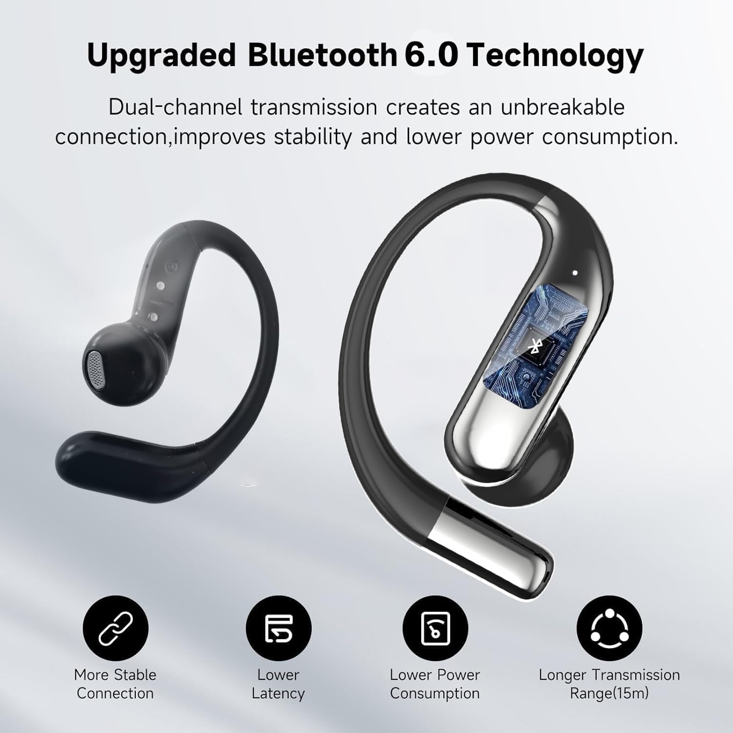 Open-Ear Headphones, Bluetooth 6.0 Wireless Earbuds Powerful Sound, 60H Open Ear Earbuds with Mic, Adjustable Ear Hooks, Ultra-Comfort, IPX5 Waterproof Earphones for Workouts/Running