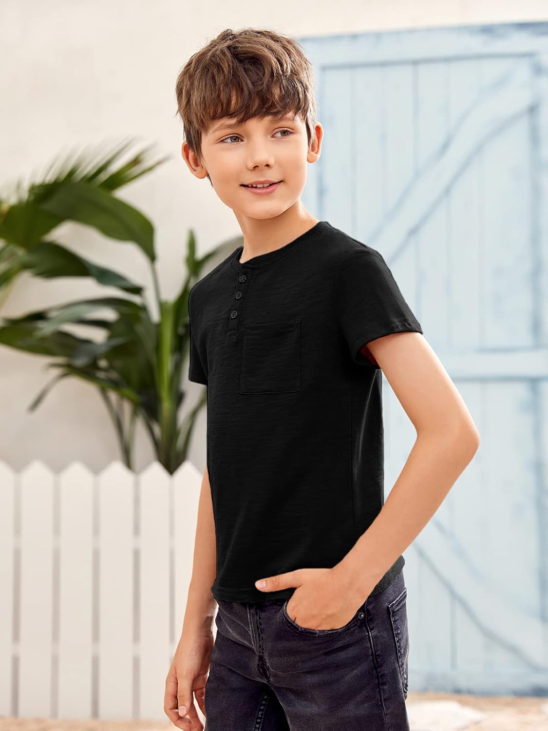 GAMISOTE Kids Boys Henley Shirts Solid Button Down Short Sleeve Pocket Casual Tops Tees - Image 5