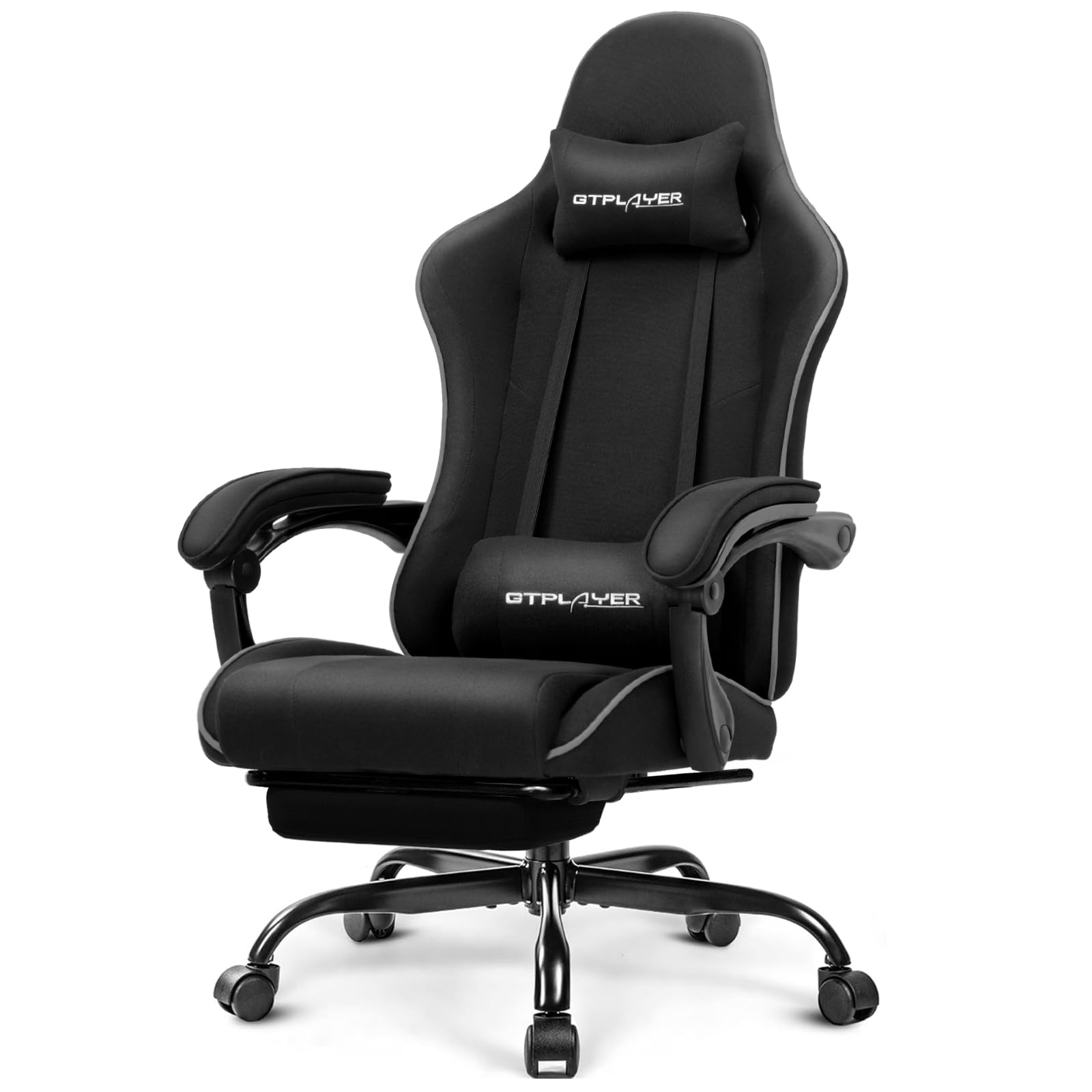GTPLAYER Gaming Chair, Computer Chair with Footrest and Lumbar Support, Height Adjustable Game Chair with 360°-Swivel Seat and Headrest and for Office or Gaming (All Black-Fabric)