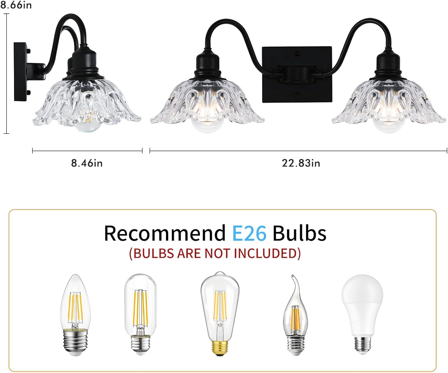 Farmhouse Bathroom Light Fixtures, 2-Light Vanity Light Fixtures with Clear Glass, Modern Wall Sconce for Bathroom Bedroom Hallway Kitchen, Black