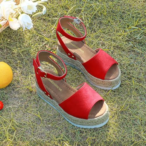 Image of PANDANINJIA Girls Sandals Wedge Platform Espadrille Open Toe Summer Little Big Kid Flower Girl Heels Dress Shoes