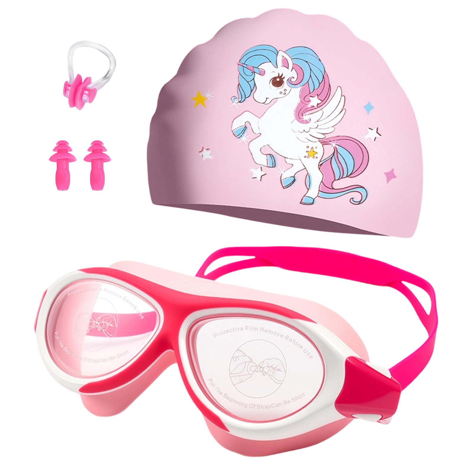 MLPKOI Kids Swim Goggles with Free Silicone Swim Cap in Candy Dual-Tone, Wide View Anti-fog Anti-leak Adjustable Silicone Strap Super Comfort