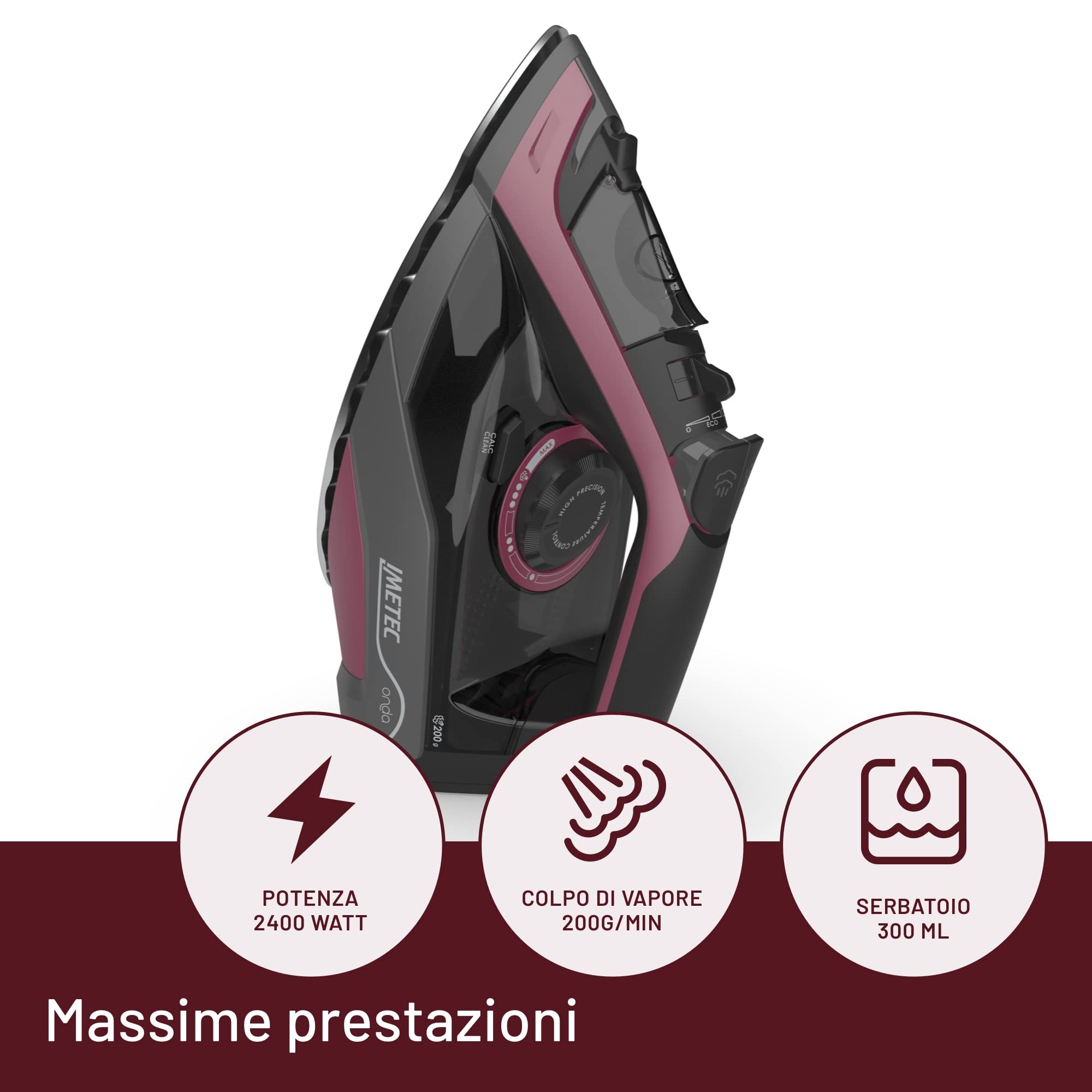 Imetec Onda F2 - Ferro da Stiro a Vapore -Piastra a Onde Scorrevole Brevettata Resistente ai graffi - 2400 W - Colpo di Vapore 200g - Serbatoio 300 ml - Protezione Anticalcare - Impugnatura ergonomica