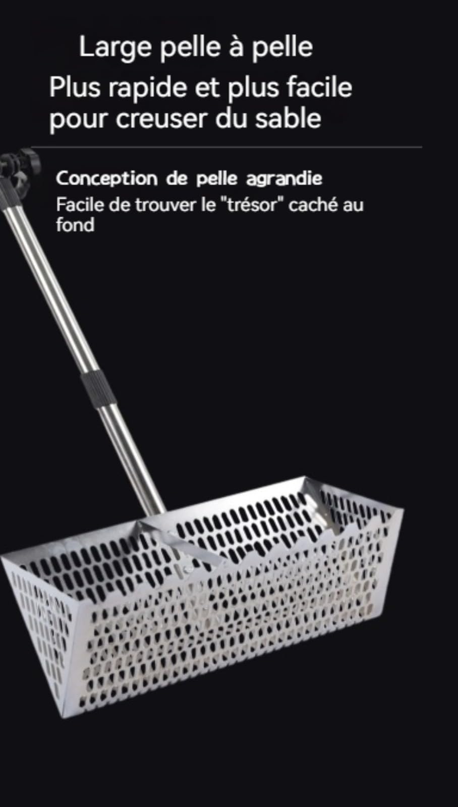 Grand Tamis à Sable de Plage en Acier Inoxydable, Râteau de Puce de Sable, Râteau Tamis de Plage Professionnel Grand tamis à sables acier inoxydable avec poignée 141 cm long et panier 40 x 20 cm