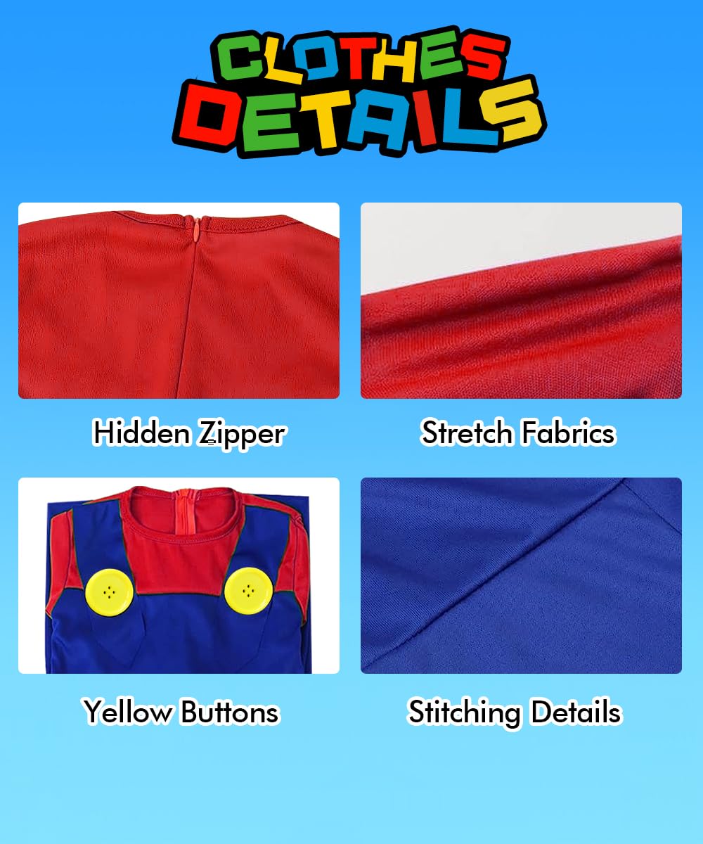 YYDSXK Super Bros Costume Bambino Adulto, Costumi Carnevale, Costumi Cosplay Classico Super Bros per Ragazzo con Cappello, Guanti per Bambino Compleanno Natale Halloween Carnevale Cosplay Vestito