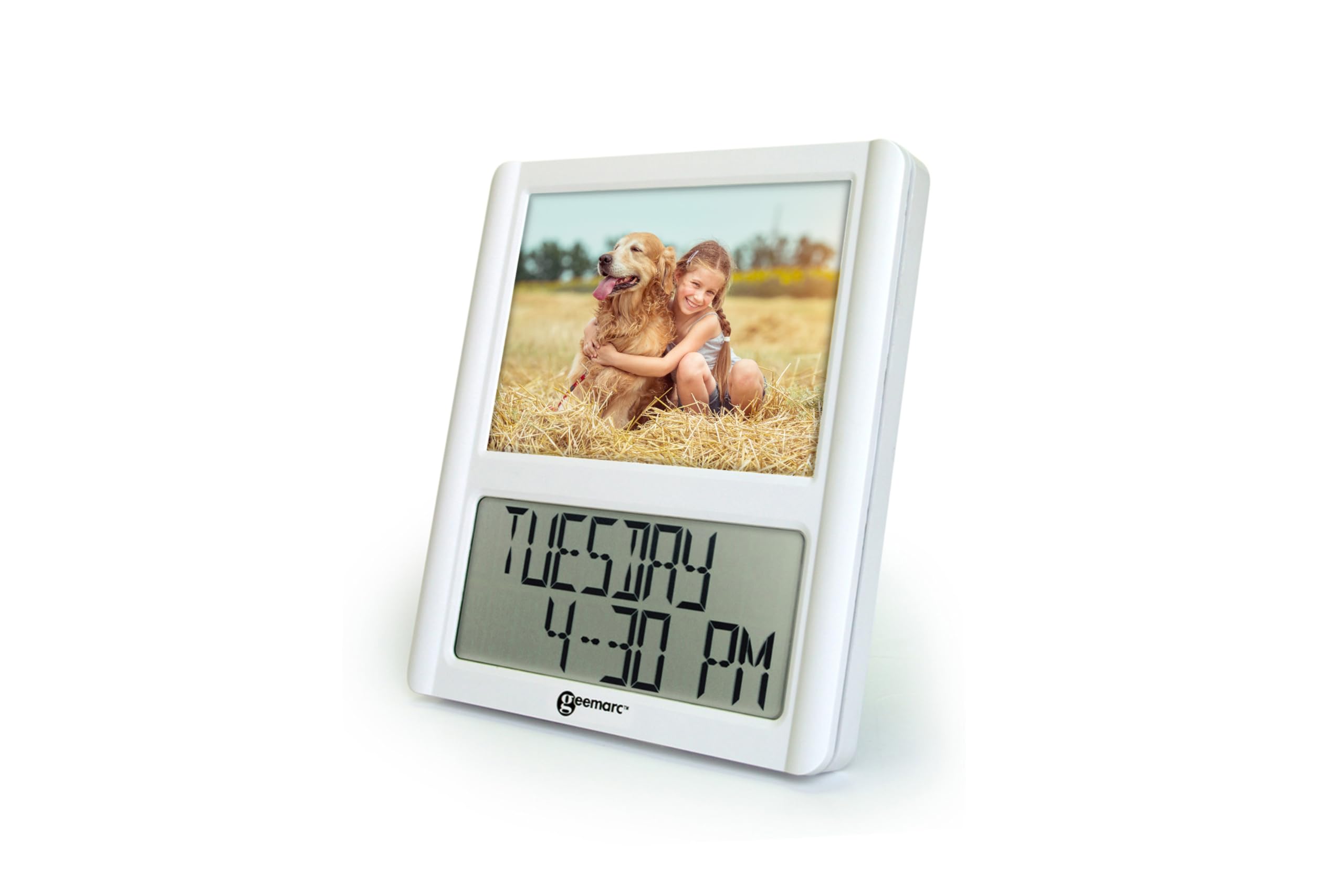 Horloge Calendrier Numérique et Son Cadre Photo Personnalisable - La Viso5 de Geemarc avec Réglage Automatique de l’Heure pour Les Personnes Âgées - Fonctionne sur Pile - sans Rétroéclairage
