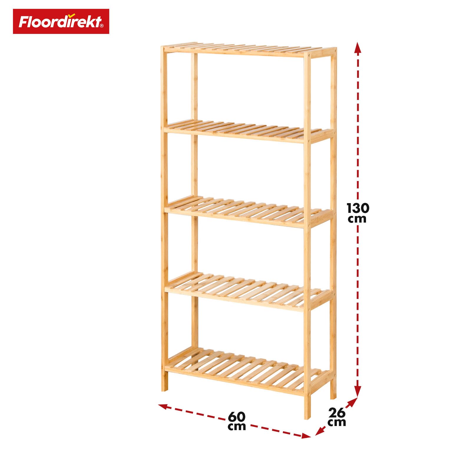 Floordirekt Bambus Regal, schmales Standregal für Badezimmer, Schlafzimmer, Wohnzimmer, Holzregal mit 5 Etagen, Regal Größe 60 x 26 x 130 cm (Ohio)