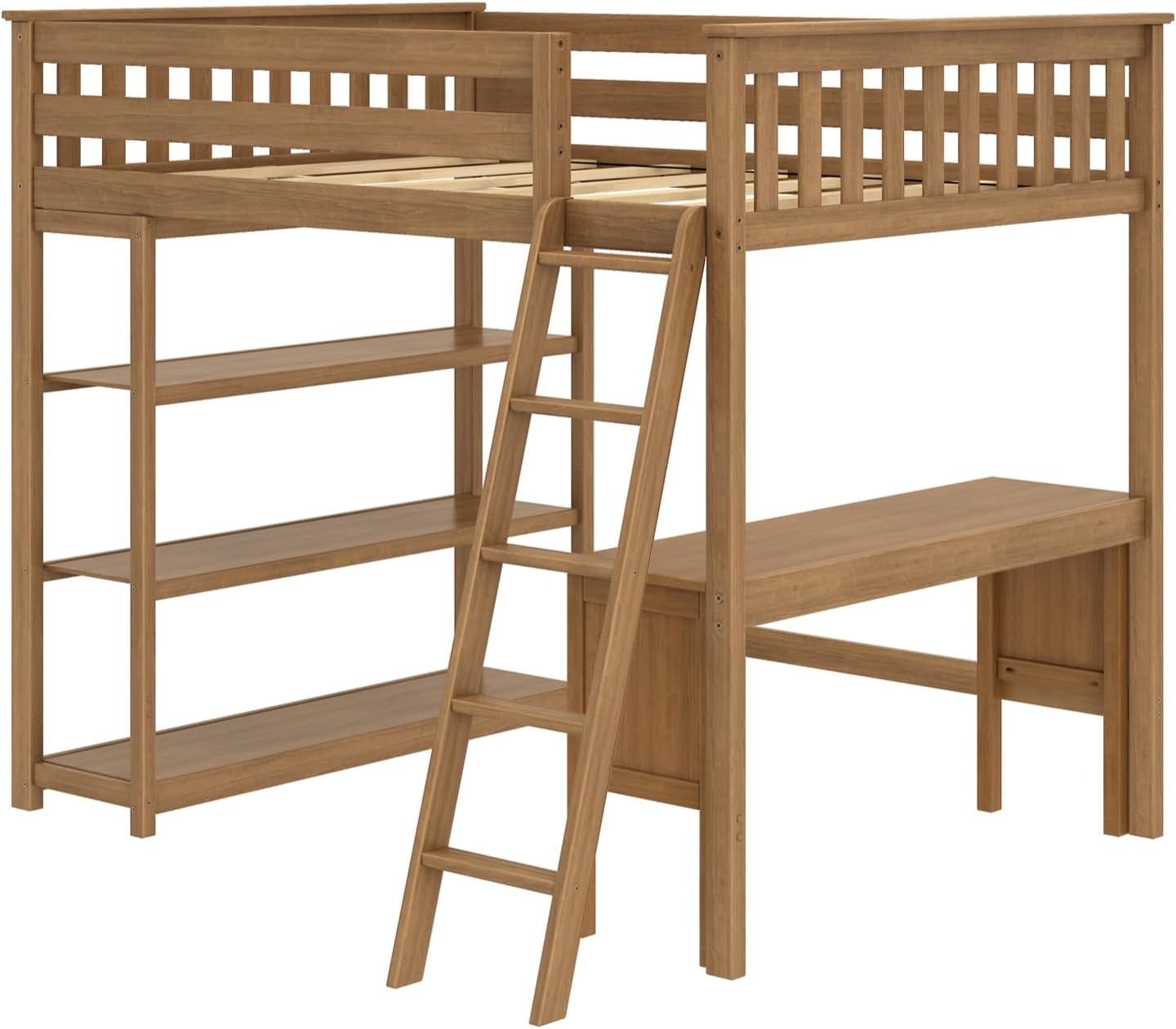 Max & Lily Full Size High Loft Bed with Desk and Bookcase, Pecan, Solid Wood Modern Bed Frame for Kids/Teens, Pine, Non-Toxic Finish, 400 lb. Weight Capacity, Easy Assembly
