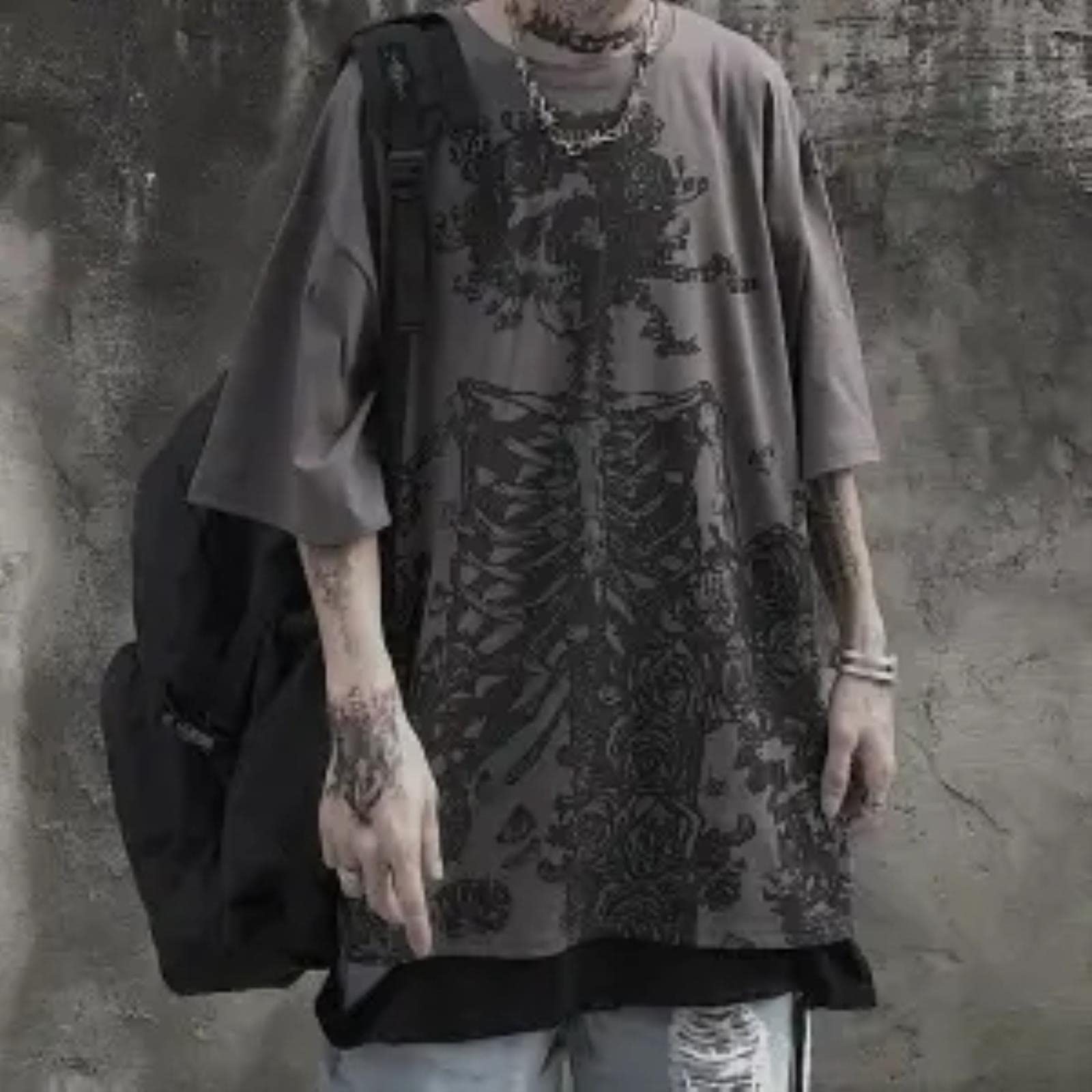 LNSIN Gothic Harajuku Skull T-shirt Korean Fashion Oversized Short Sleeve Tees Shirt Mall Goth Tops Grunge Clothes