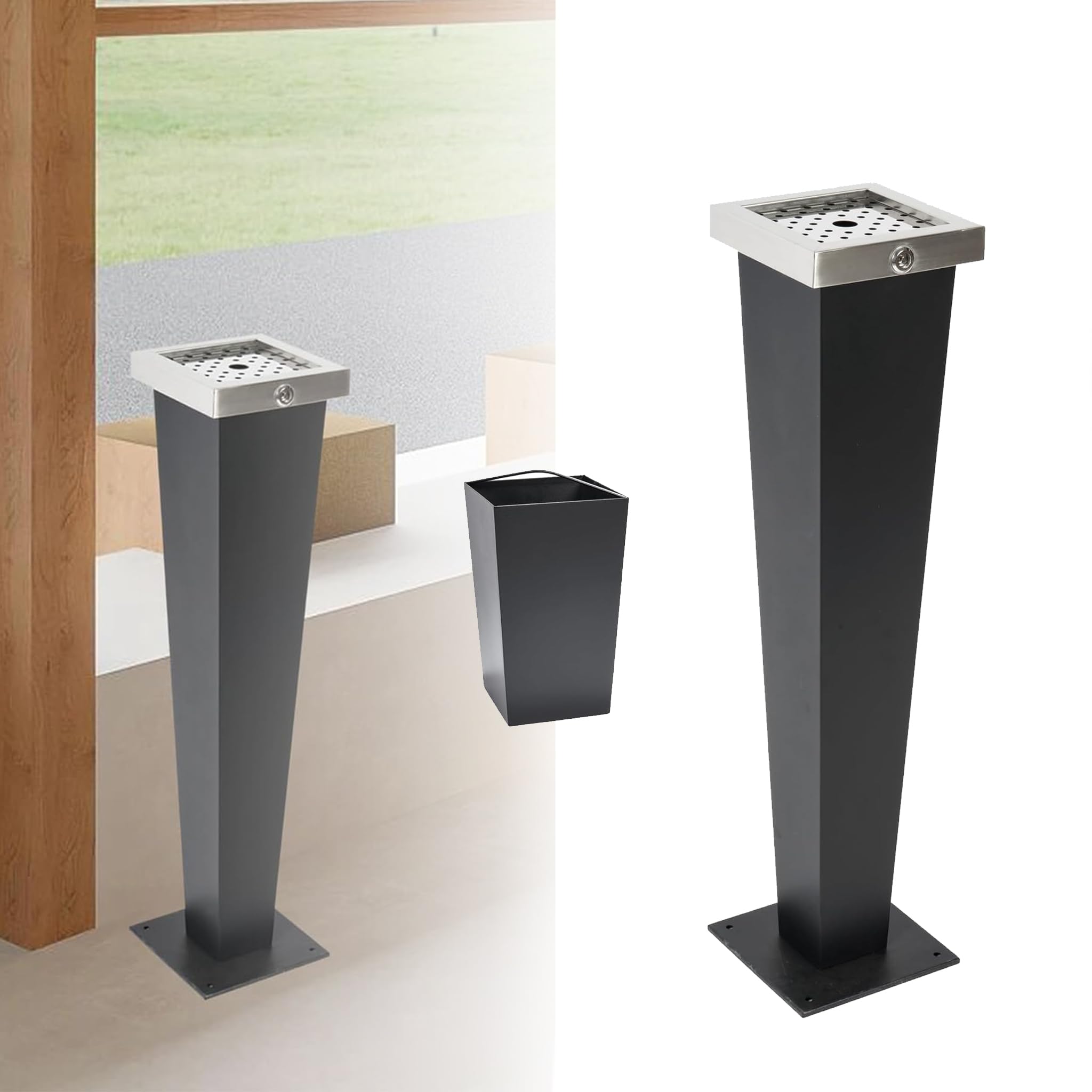 Pattumiera commerciale autoportante, in acciaio inox con chiave, interno chiuso, per pub, hotel, ristorante, giardino, 24 x 24 x 94 cm