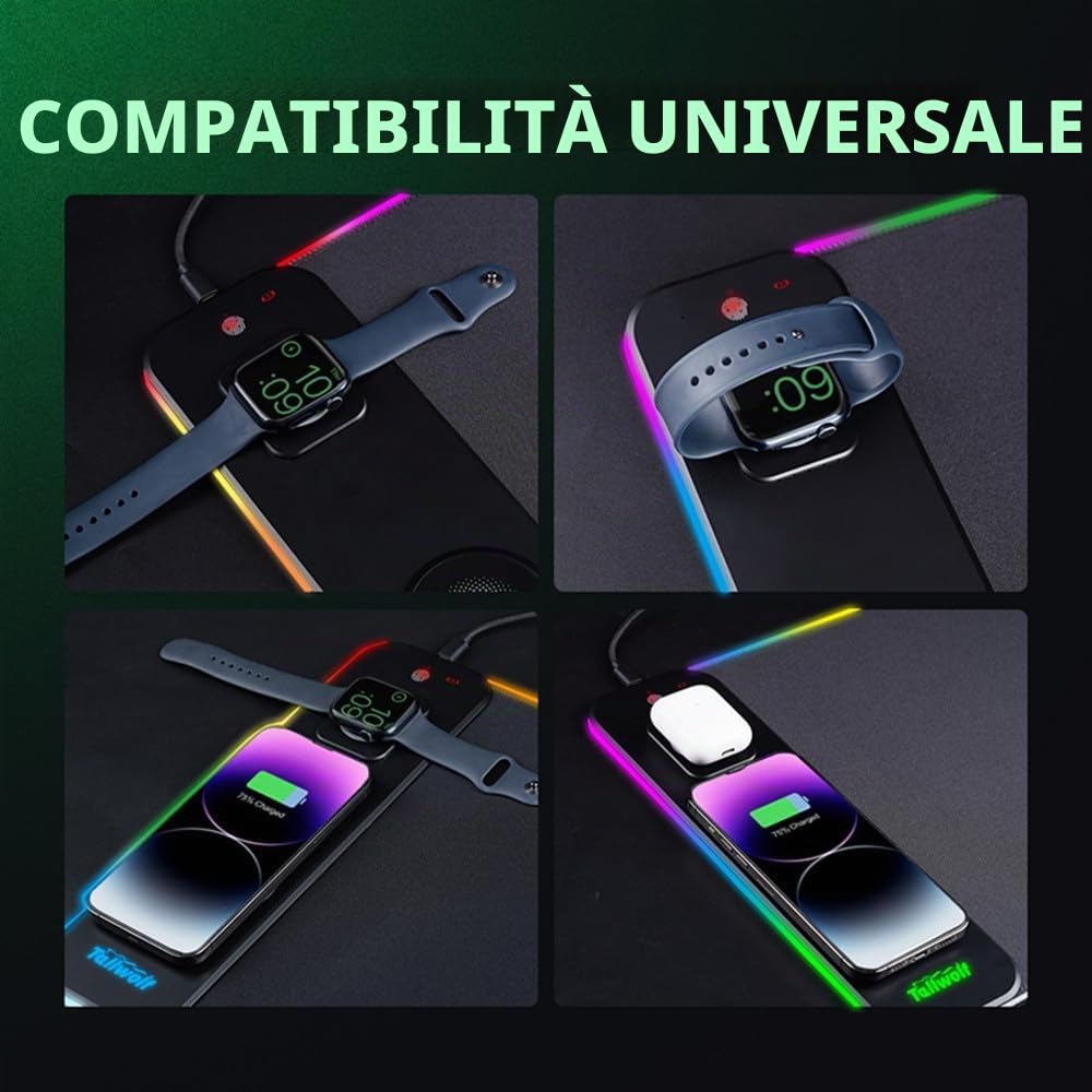 3 in1 Wireless Charging RGB Gaming Mouse PAD, 15W 10 modalità di luce, 800 * 300 * 4 mm LED Charging Mouse Pad, tappetino da scrivania per telefoni standard Ql wireless/mouse/orologi