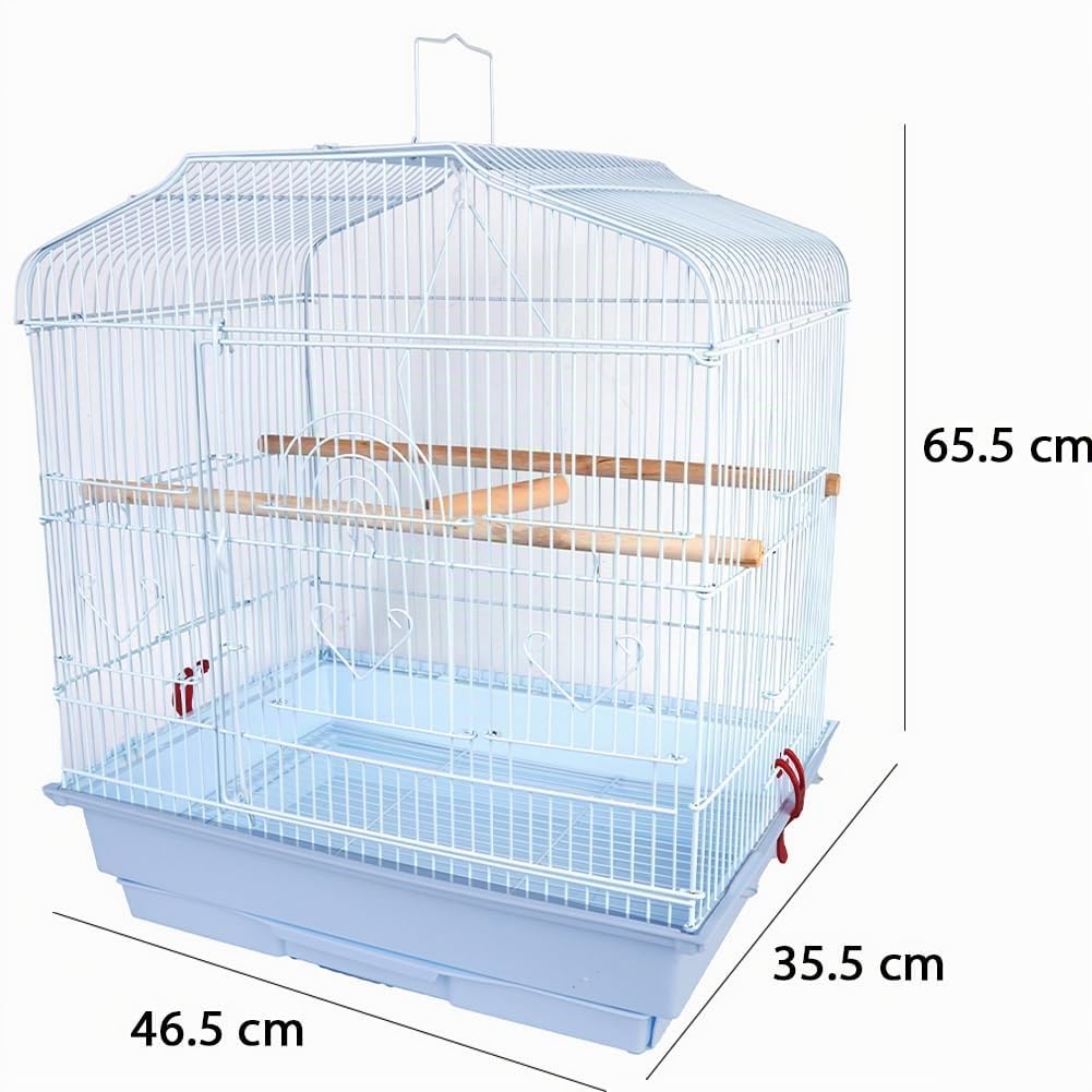 BAKAJI Cage à volaille pour Oiseaux avec Plateau Coulissant et perchoirs en Bois, Cage en métal empilable, idéale pour perroquets, perruches, volatiles, 46,5 x 35,5 x 65,5 cm (Blanc)